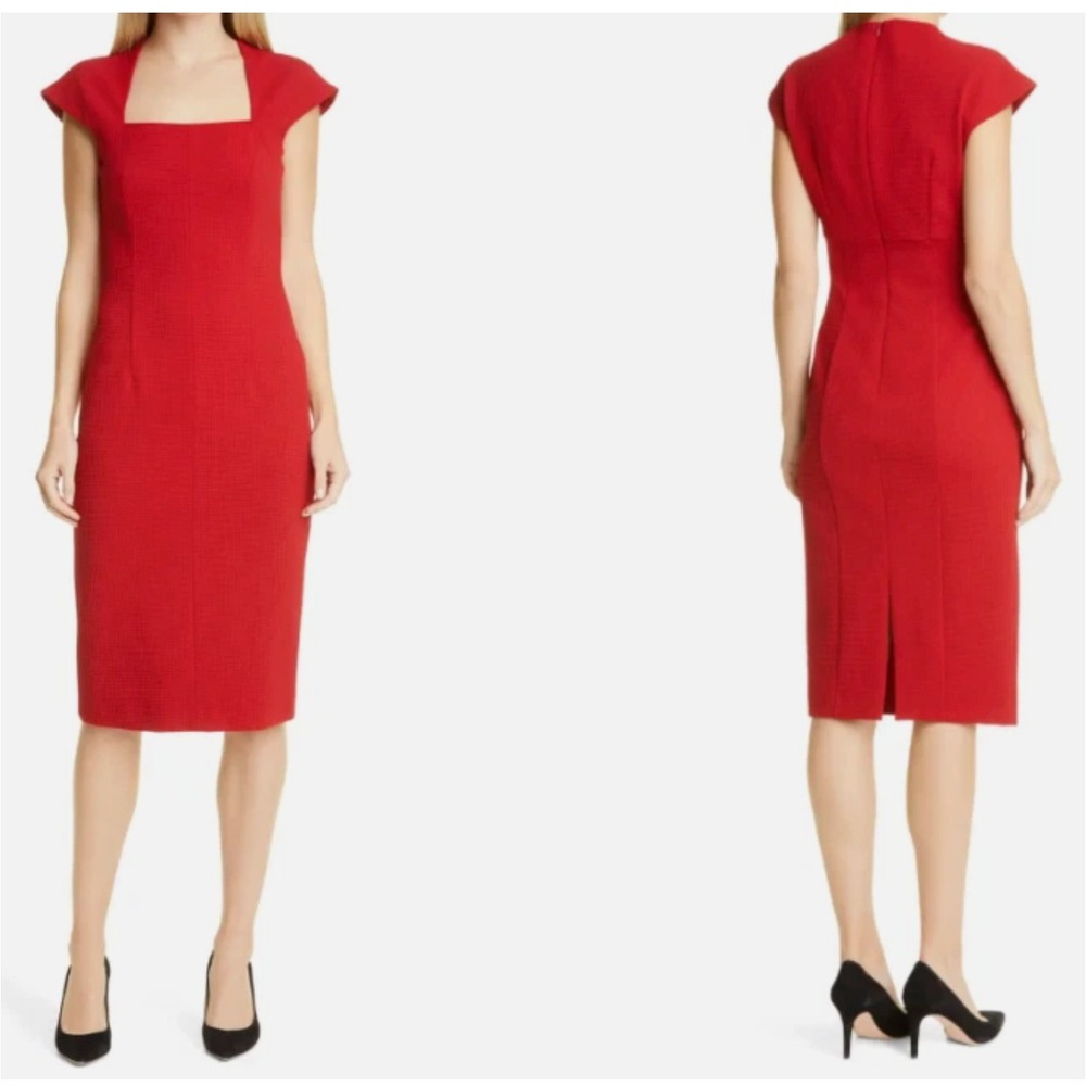 BOSS Hugo Boss Red Drilekara Textured Square Neck Sheath Dress Size 14 EUC